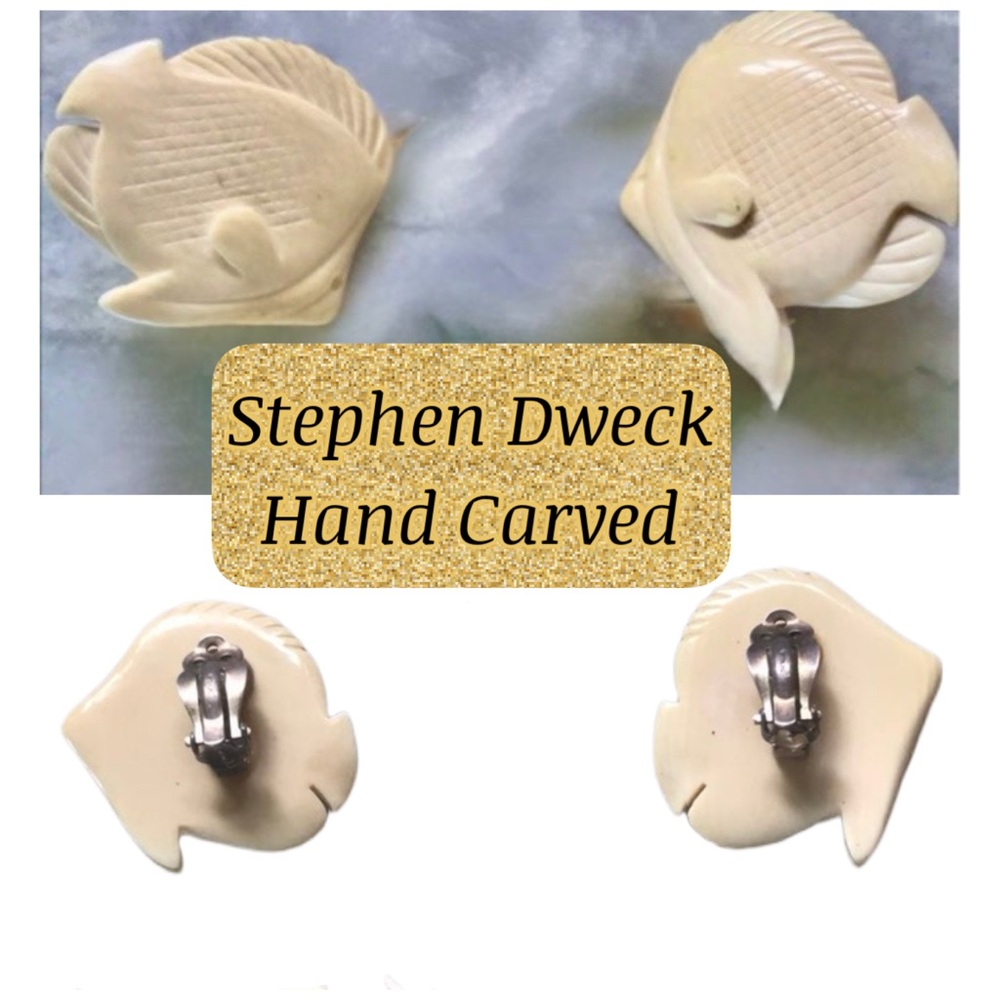 Stephen Dweck Hand Carved Fish Earrings ~ Vintage ~ Clip On ~ Designer